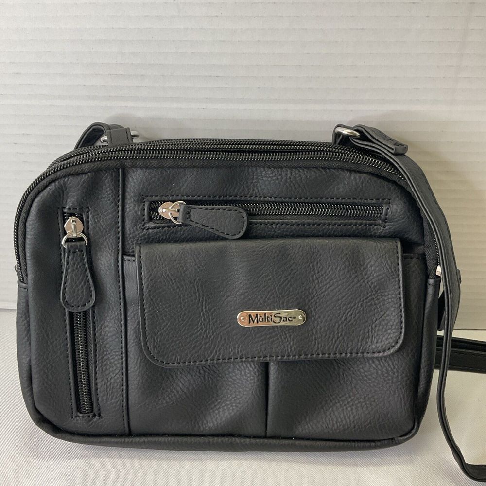 MultiSac Zippy Triple Compartment Crossbody‎ Bag Purse Black Vintage Nappa